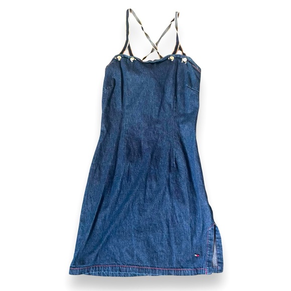 Vintage 90s Y2K Tommy Hilfiger Denim Dress Strappy Back Mini Dress - Picture 1 of 9